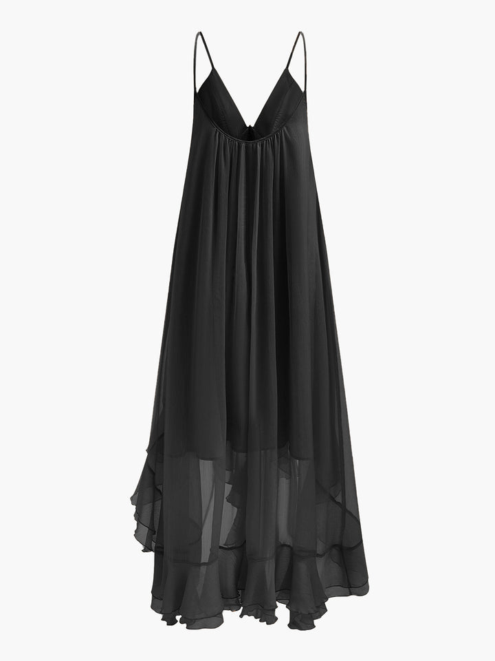 Robe Mi-Transparente en Mousseline Superposée avec Cape