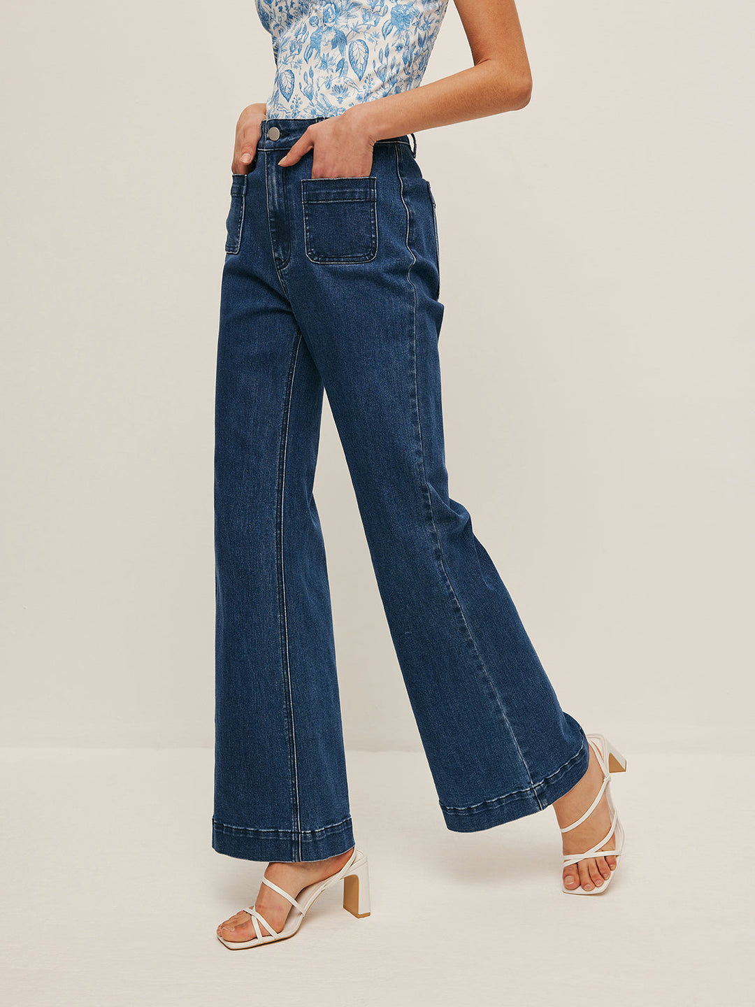 Jean Coupe Taille Haute Jambe Large à Poches