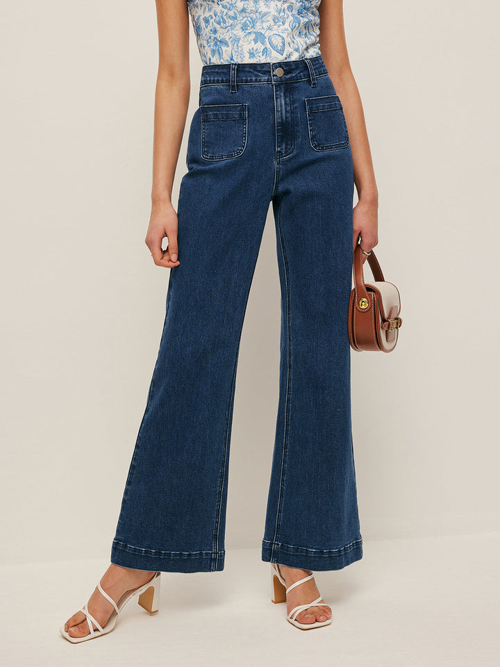Jean Coupe Taille Haute Jambe Large à Poches
