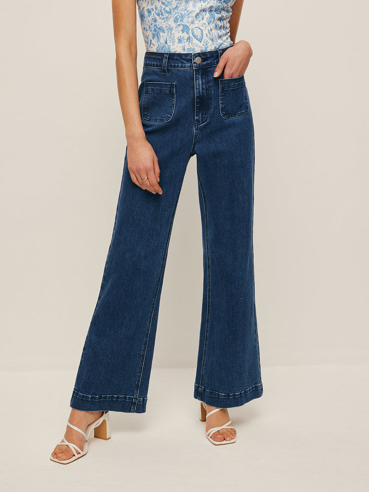 Jean Coupe Taille Haute Jambe Large à Poches