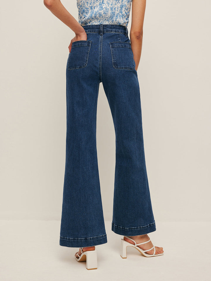 Jean Coupe Taille Haute Jambe Large à Poches
