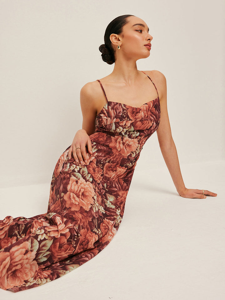 Robe Cami en Mousseline Florale Semi-Transparente