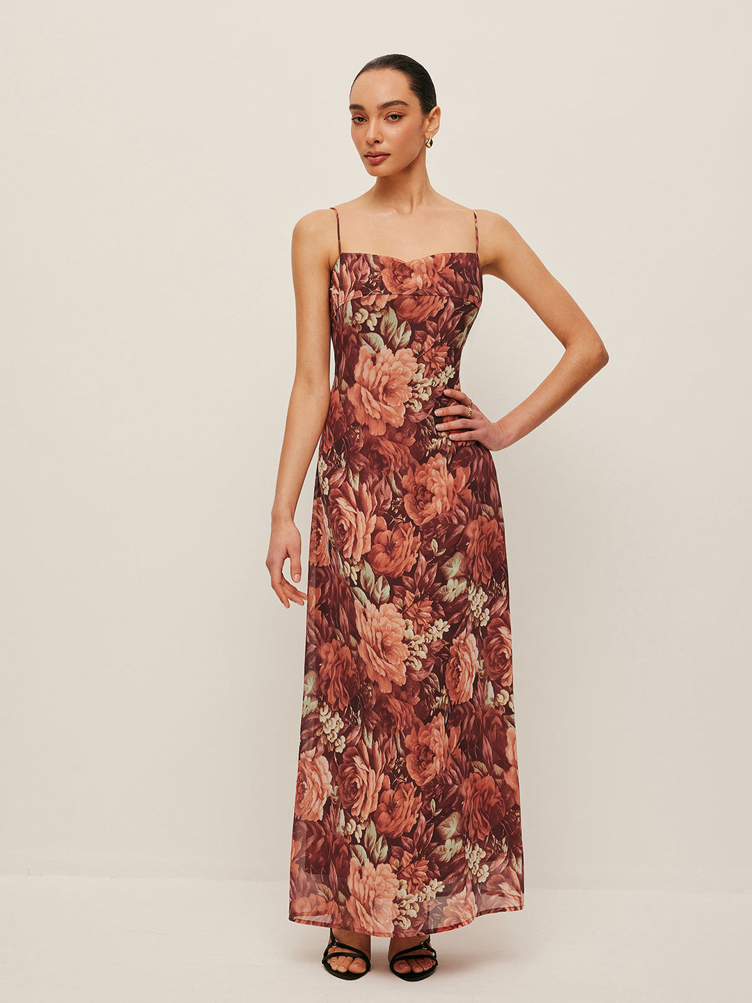 Robe Cami en Mousseline Florale Semi-Transparente
