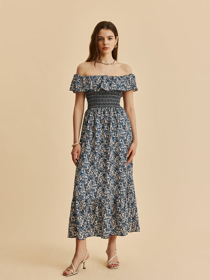 Robe Longue Bohème Épaule Dégagée à Volants et Imprimé Floral