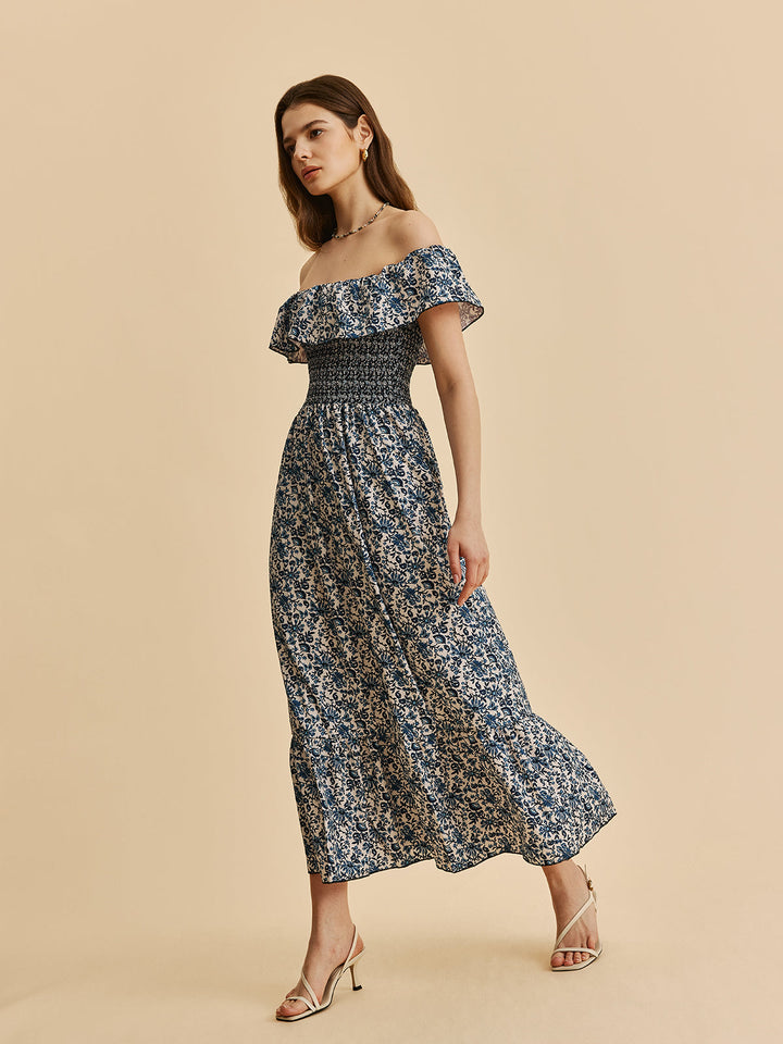 Robe Longue Bohème Épaule Dégagée à Volants et Imprimé Floral