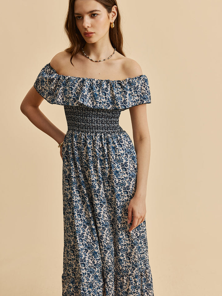 Robe Longue Bohème Épaule Dégagée à Volants et Imprimé Floral