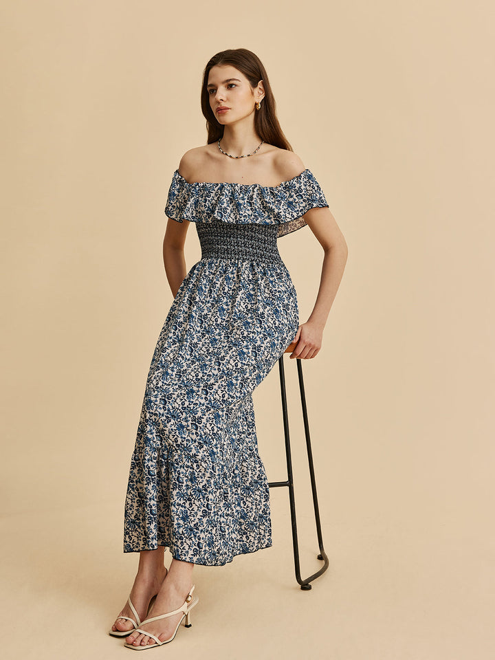 Robe Longue Bohème Épaule Dégagée à Volants et Imprimé Floral