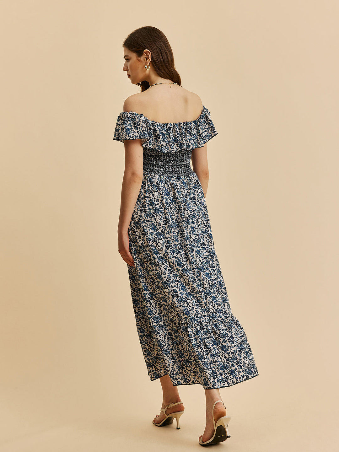Robe Longue Bohème Épaule Dégagée à Volants et Imprimé Floral