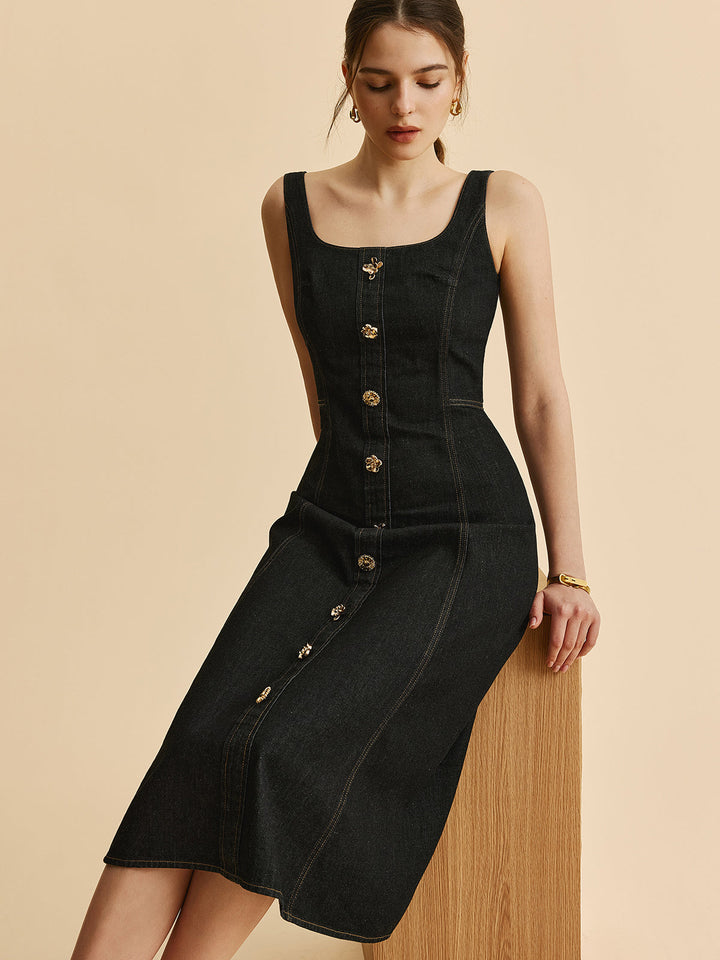 Robe Boutonnée En Jean Col Carré