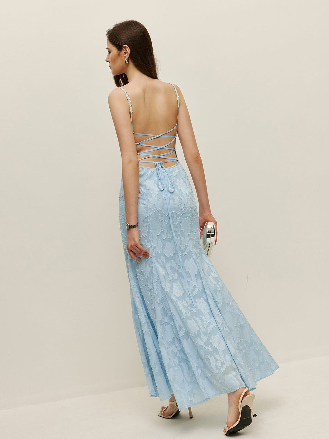Robe Longue en Dentelle à Lacets au Dos