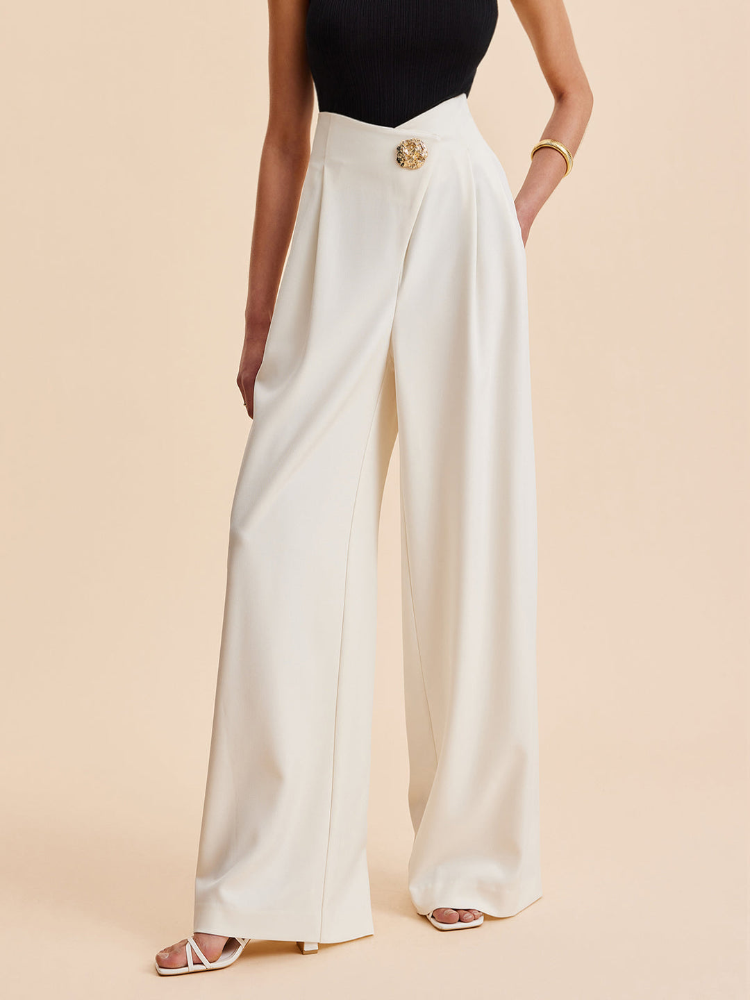 Pantalon large taille haute orné