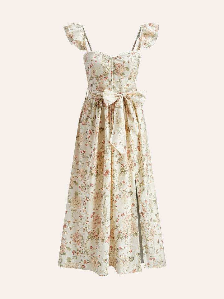 Robe Longue à Volants avec Cravate et Fleur
