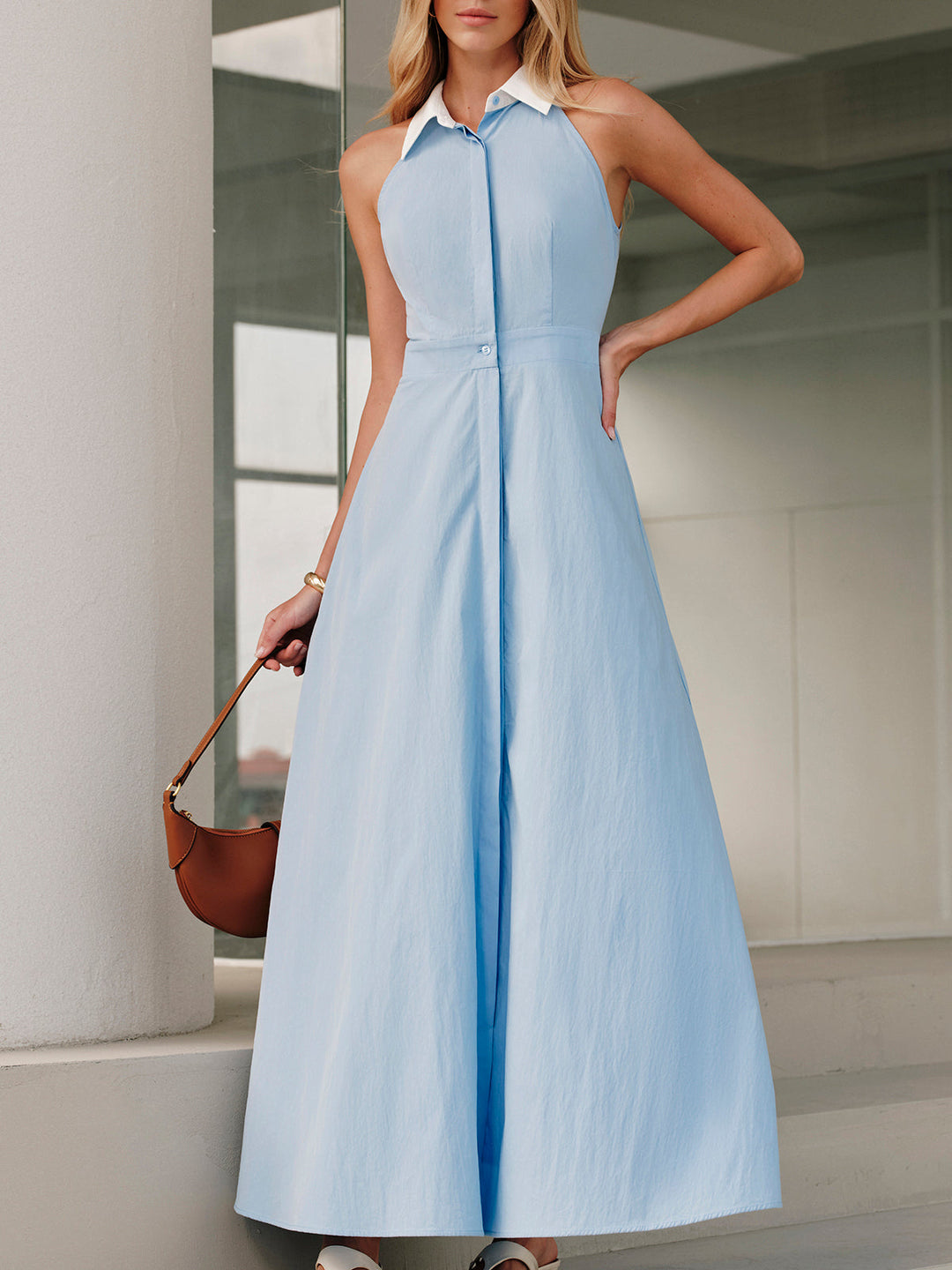 Robe Sans Manches à Col Boutonné