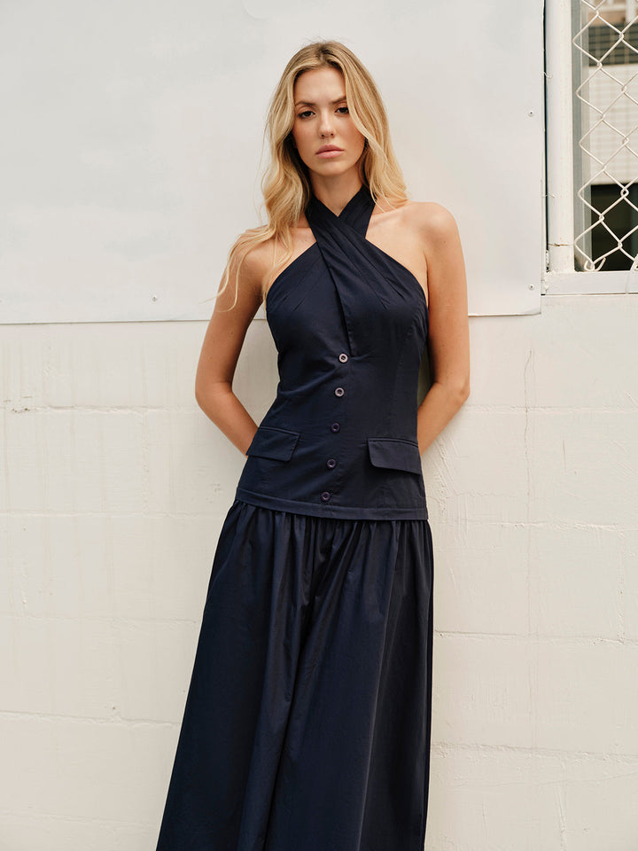 Robe à col bénitier avec fermeture éclair et poches