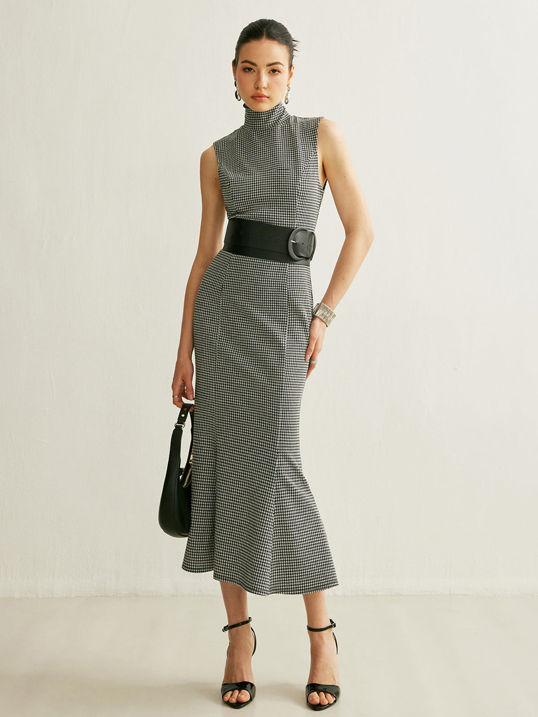 Robe Sans Manches à Carreaux avec Ceinture