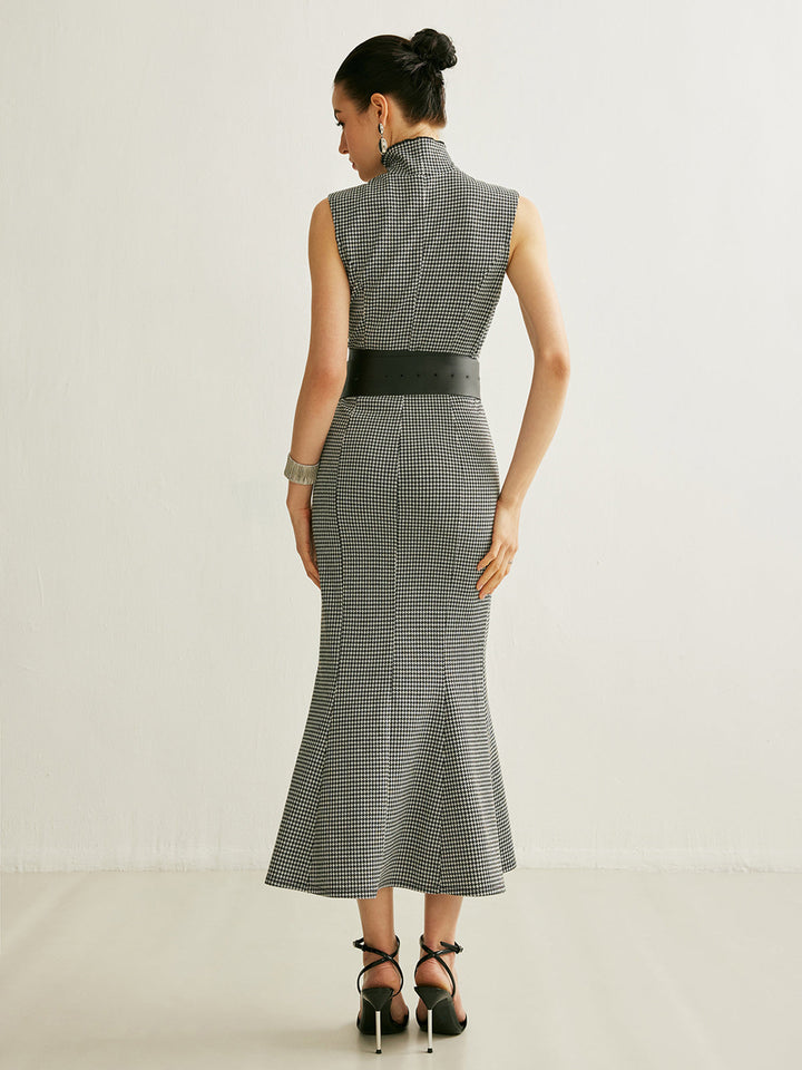 Robe Sans Manches à Carreaux avec Ceinture