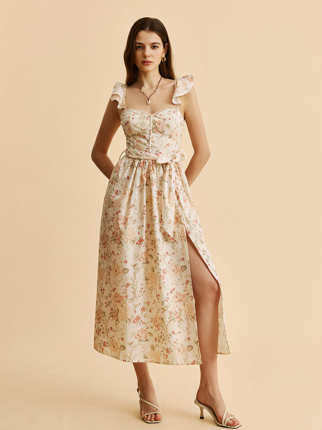 Robe Longue à Volants avec Cravate et Fleur