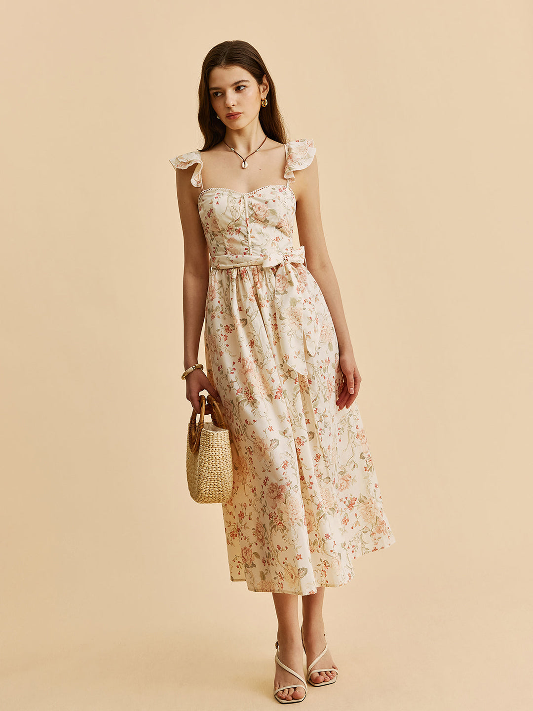 Robe Longue à Volants avec Cravate et Fleur