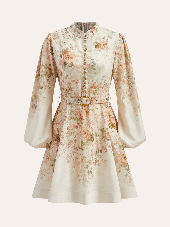 Robe Ceinture Manches Bouffantes en Coton et Lin