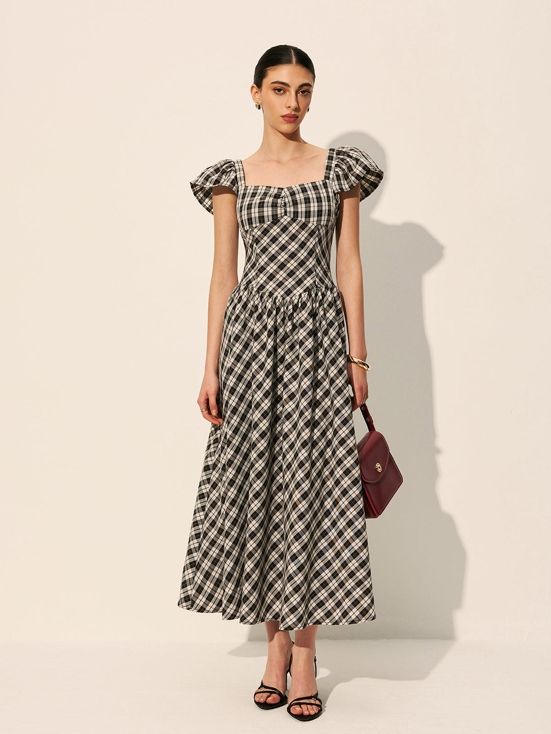 Robe Manches Bouffantes à Carreaux