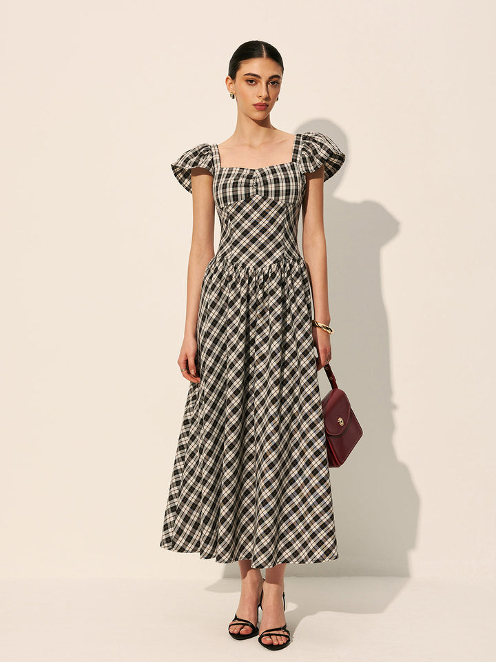 Robe Manches Bouffantes à Carreaux