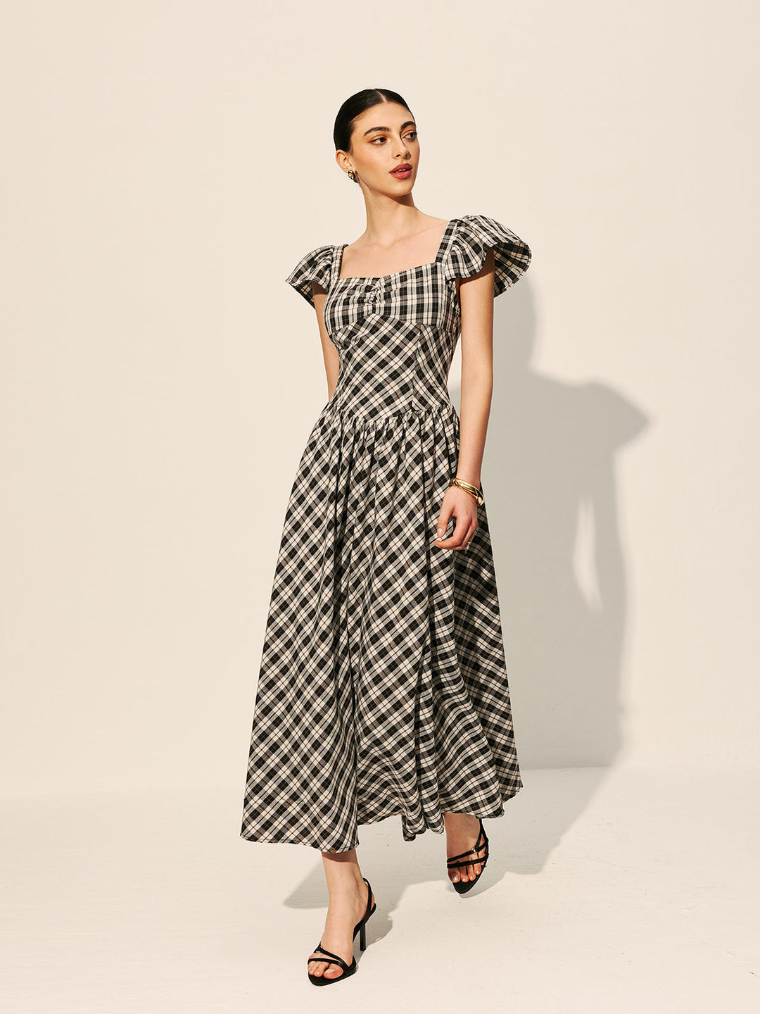 Robe Manches Bouffantes à Carreaux