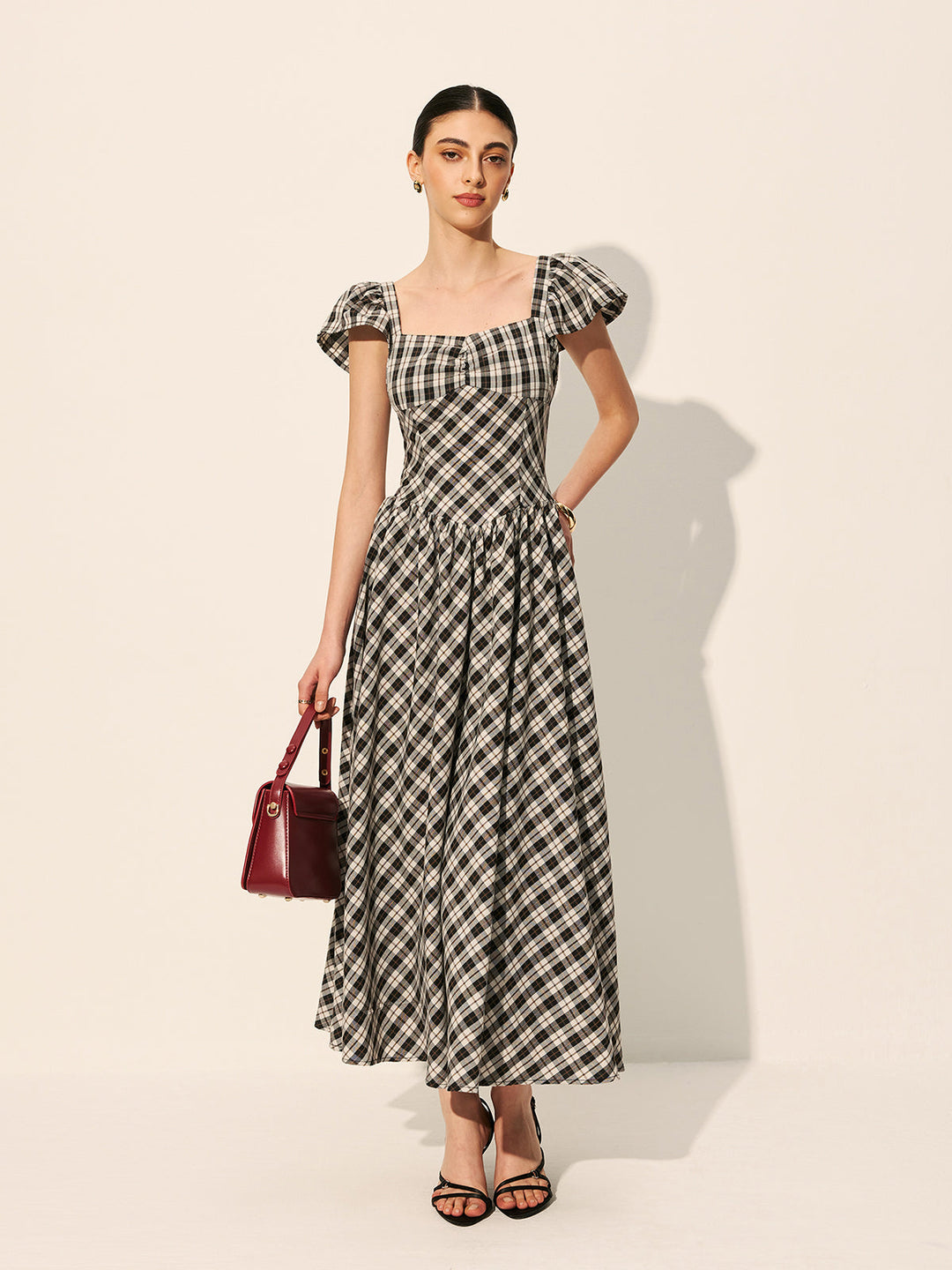 Robe Manches Bouffantes à Carreaux