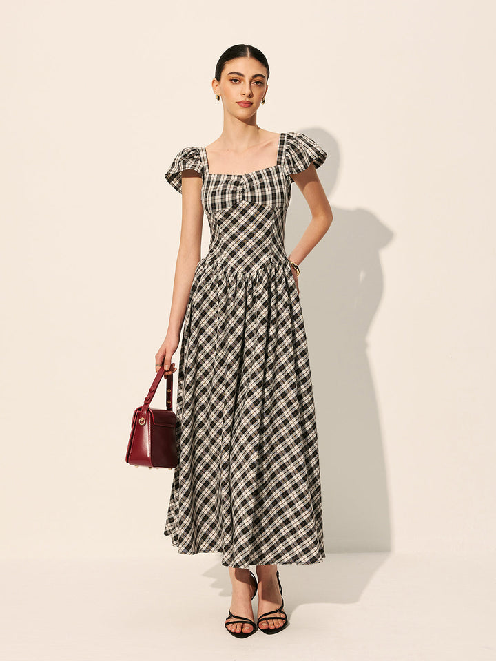Robe Manches Bouffantes à Carreaux