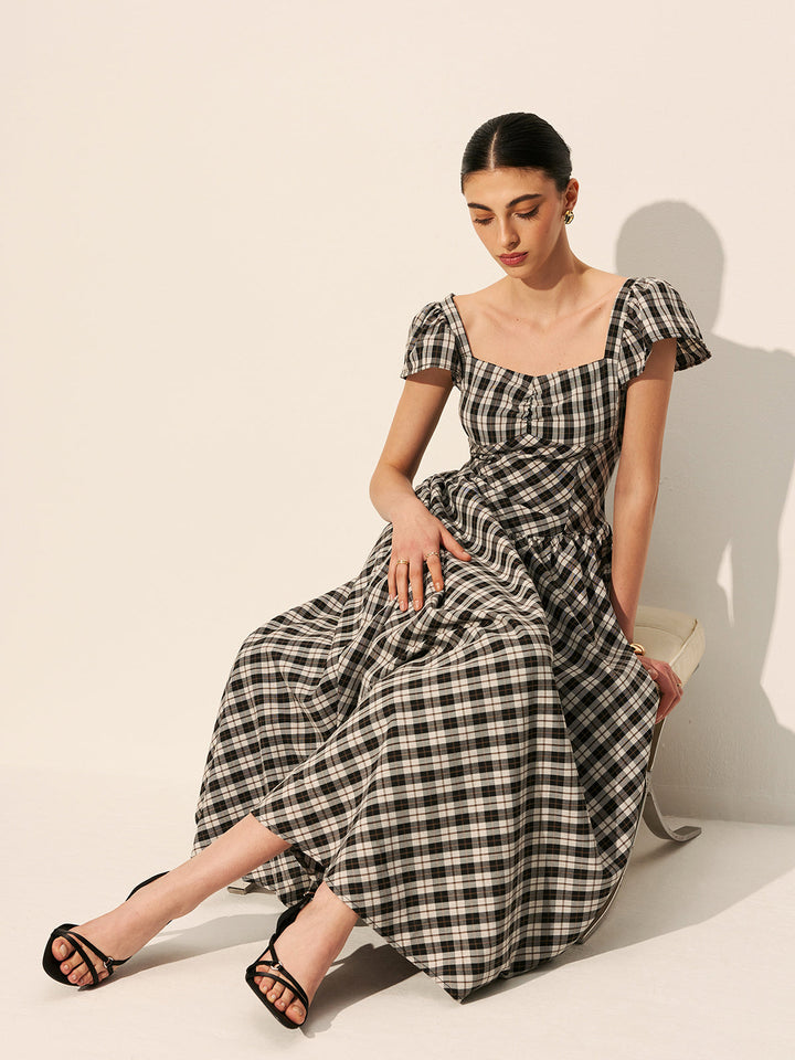 Robe Manches Bouffantes à Carreaux