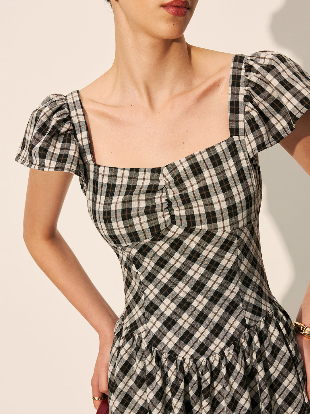 Robe Manches Bouffantes à Carreaux