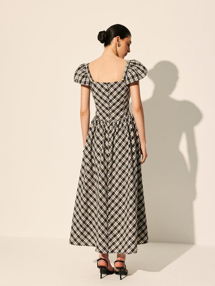 Robe Manches Bouffantes à Carreaux