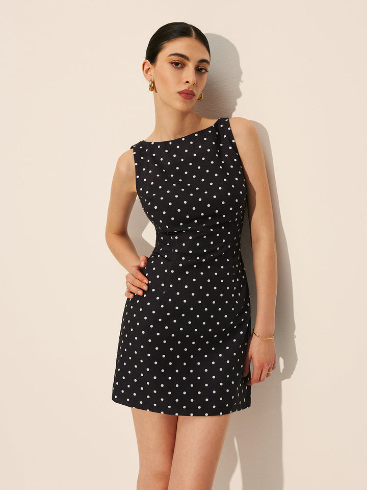 Robe Courte à Manches Courtes avec Fermeture Éclair et Col Rond à Pois