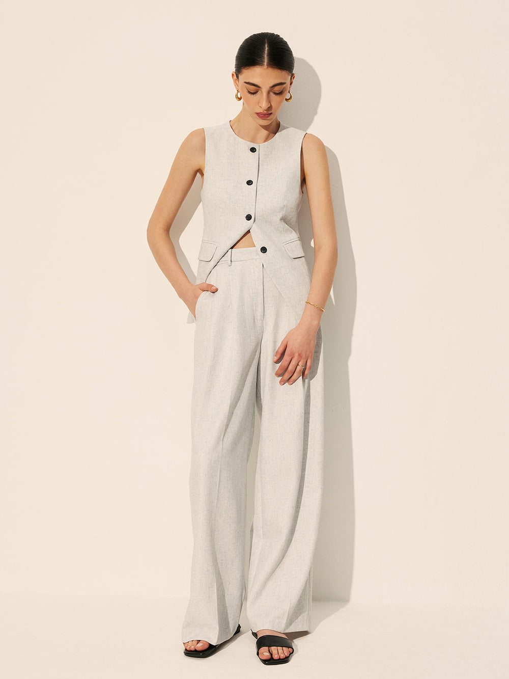 Pantalons Larges Plissés Mi-Taille