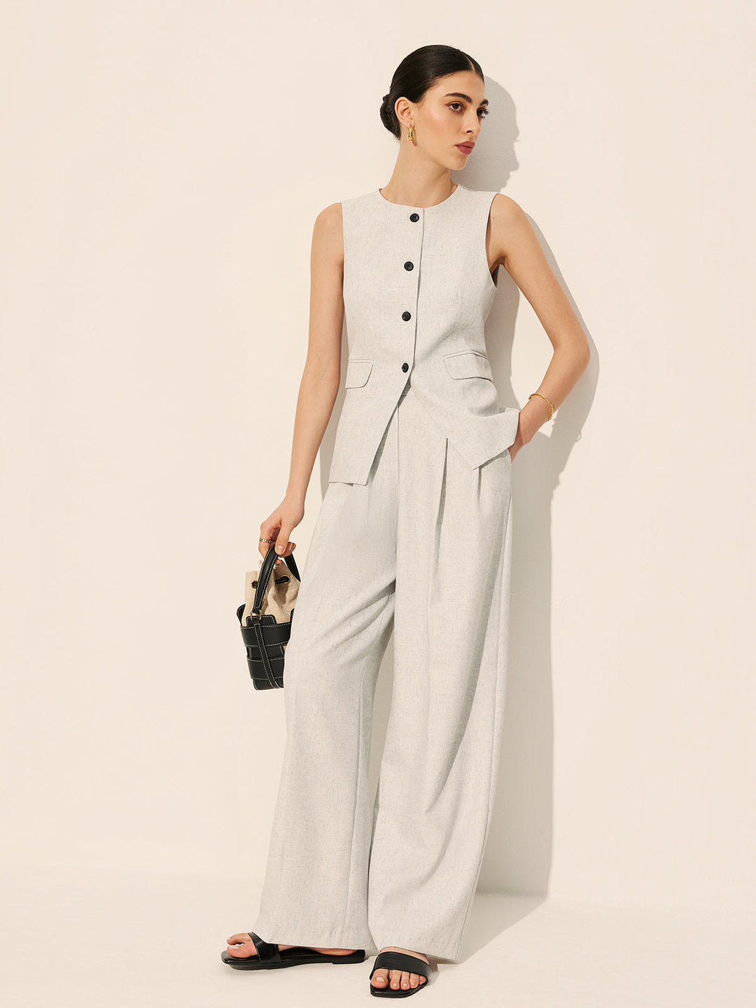 Pantalons Larges Plissés Mi-Taille