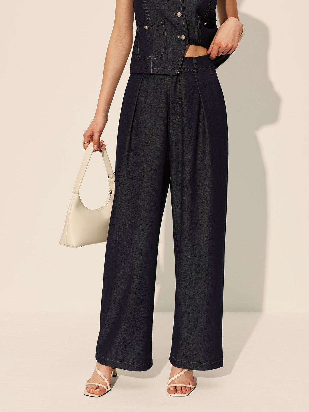 Pantalons en jean larges à taille mi-haute avec poches