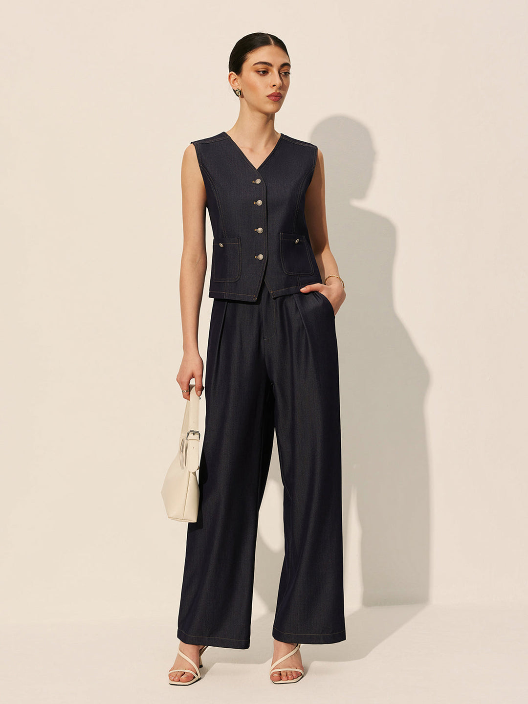 Pantalons en jean larges à taille mi-haute avec poches