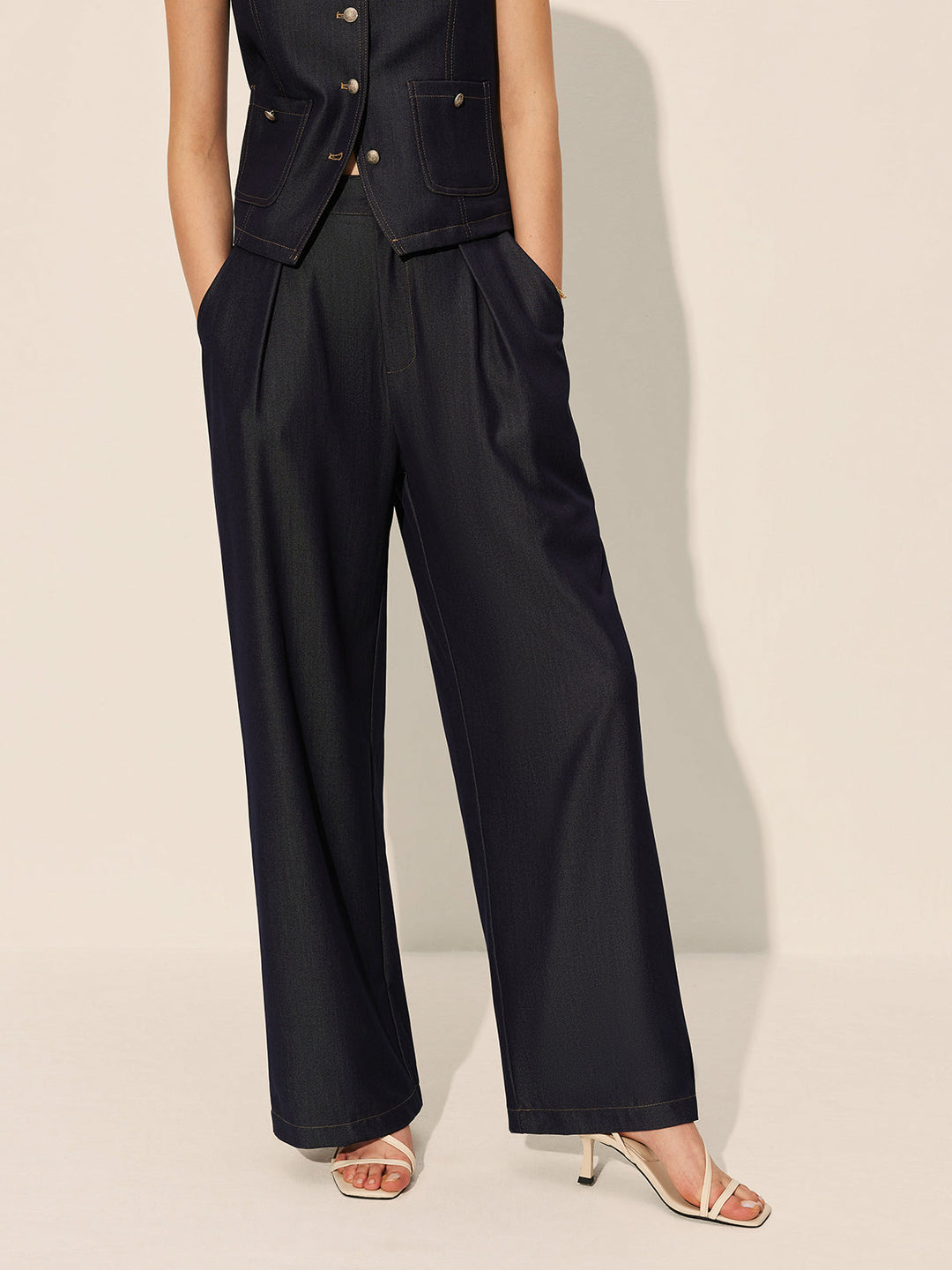 Pantalons en jean larges à taille mi-haute avec poches