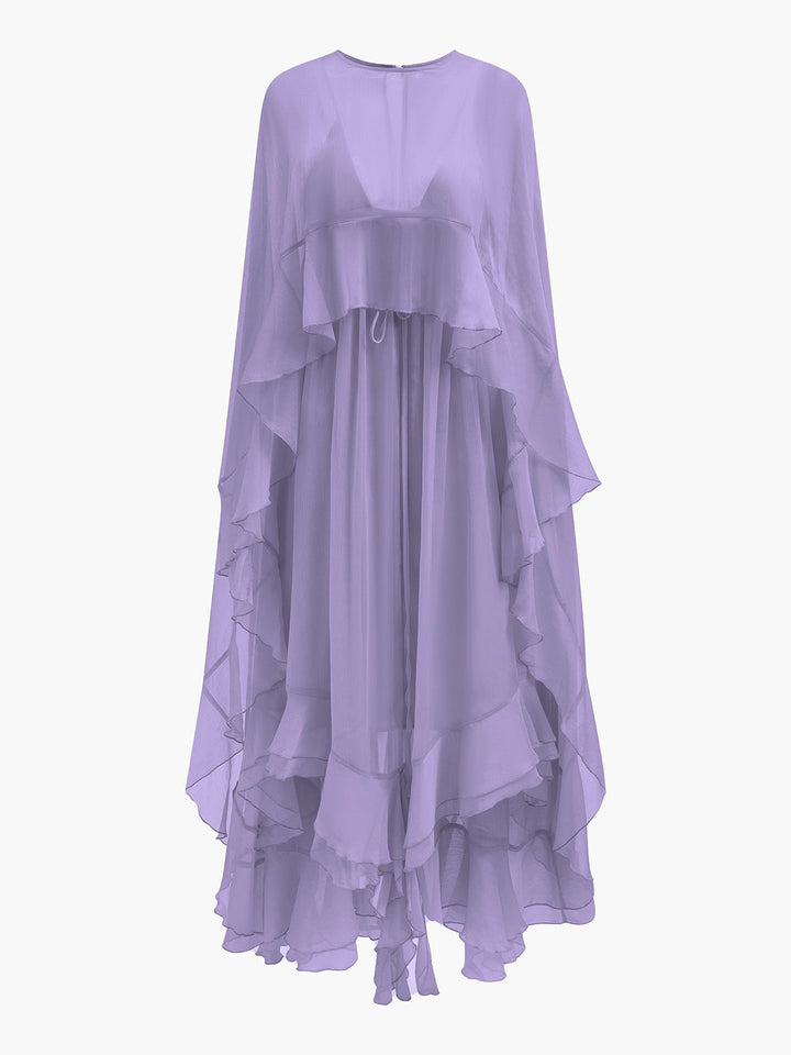 Robe Mi-Transparente en Mousseline Superposée avec Cape