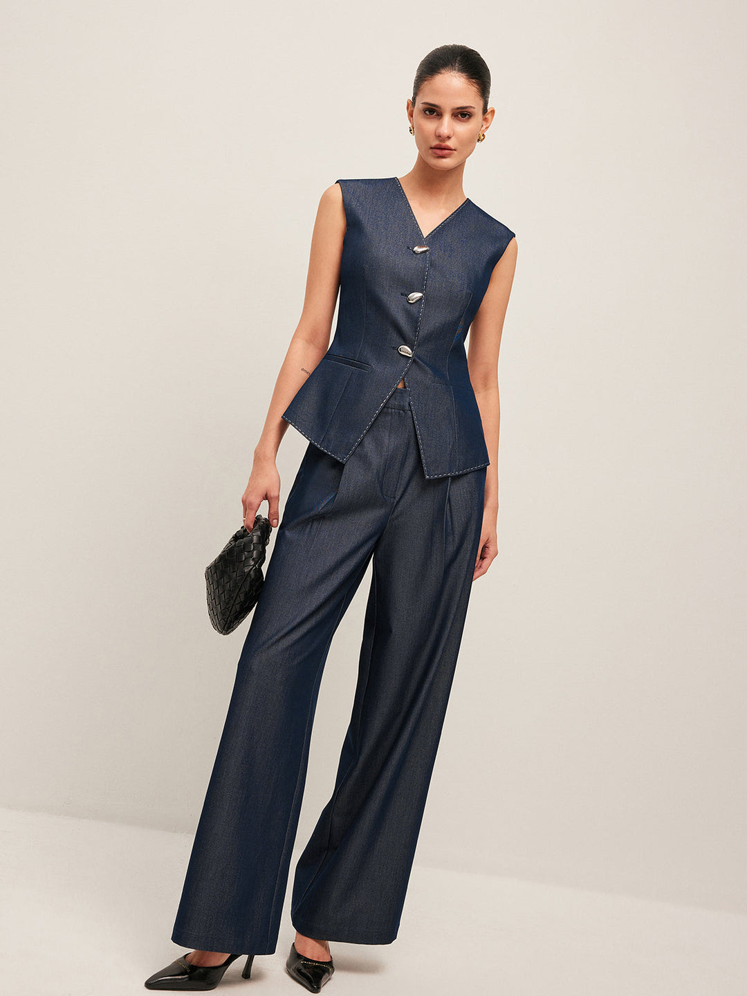 Pantalons Amples Taille Haute Plissés