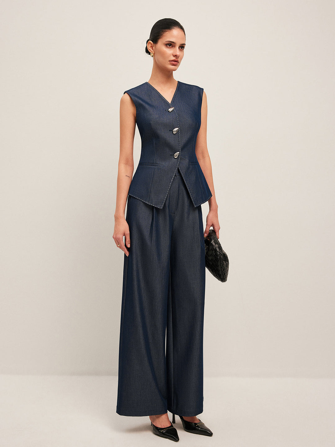 Pantalons Amples Taille Haute Plissés