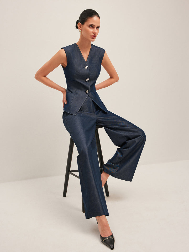 Pantalons Amples Taille Haute Plissés