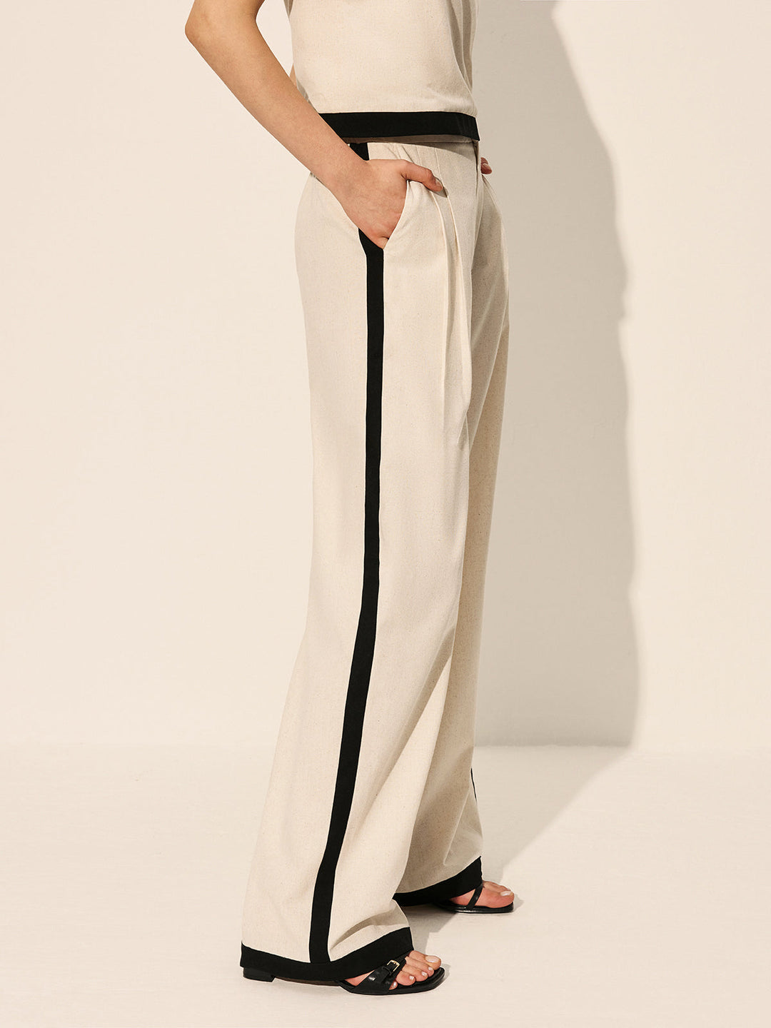 Ensemble Pantalon à Fermeture Éclair et Passepoil Contrastant en Lin et Coton