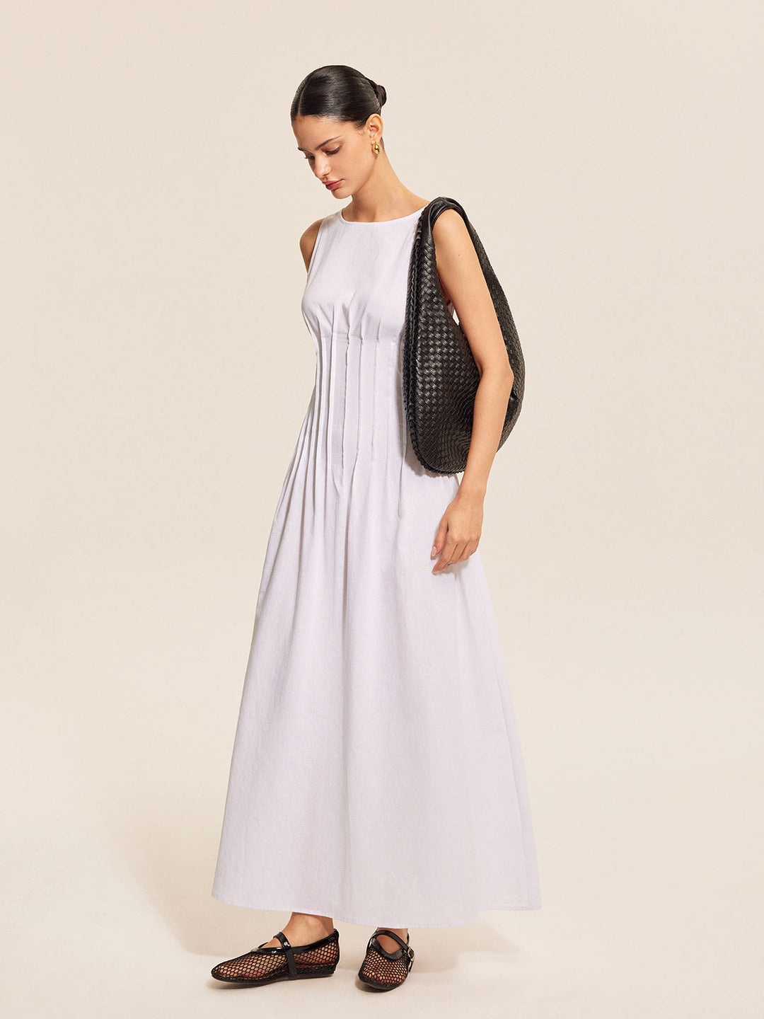 Robe Sans Manches Plissée en Coton et Lin
