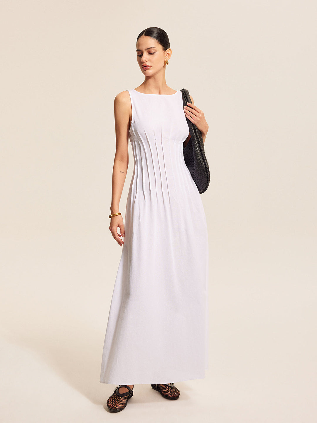 Robe Sans Manches Plissée en Coton et Lin