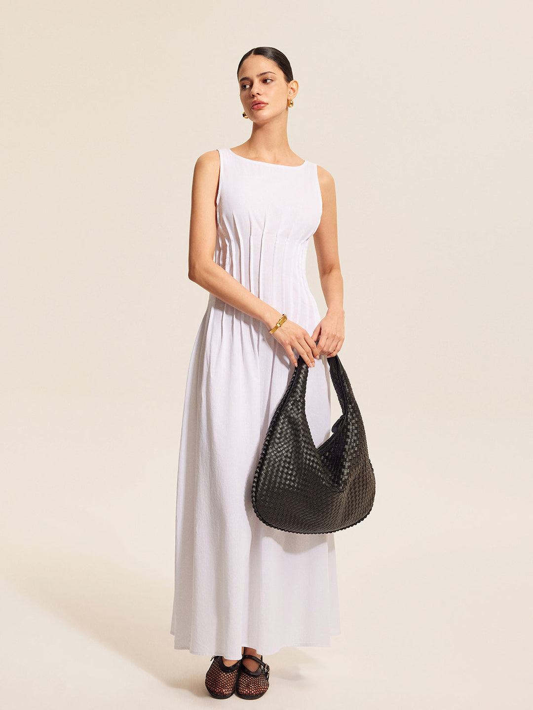 Robe Sans Manches Plissée en Coton et Lin