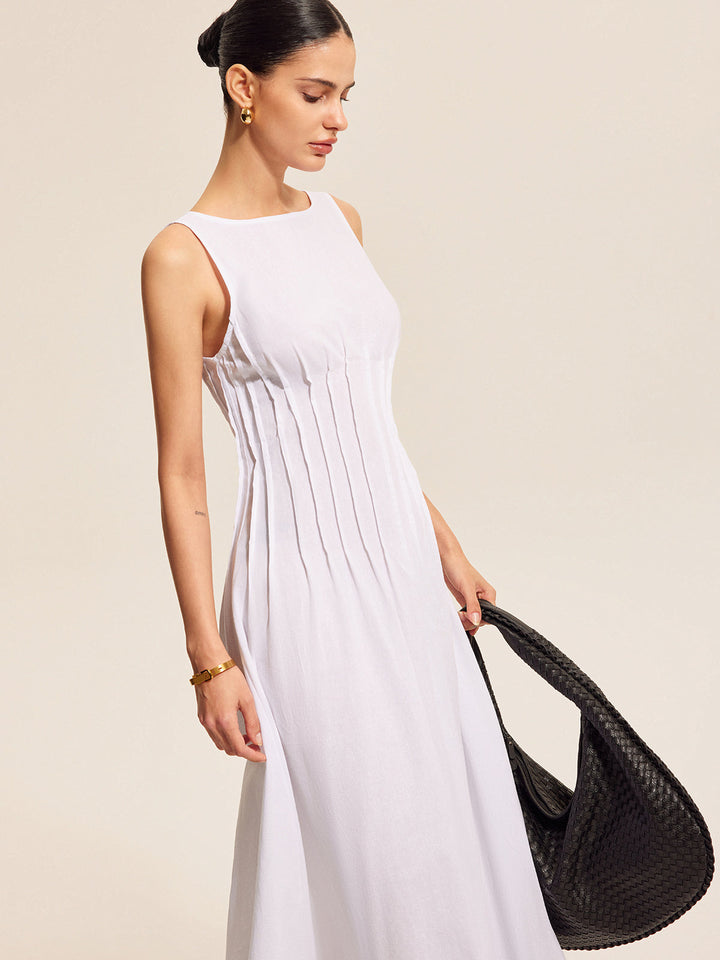 Robe Sans Manches Plissée en Coton et Lin