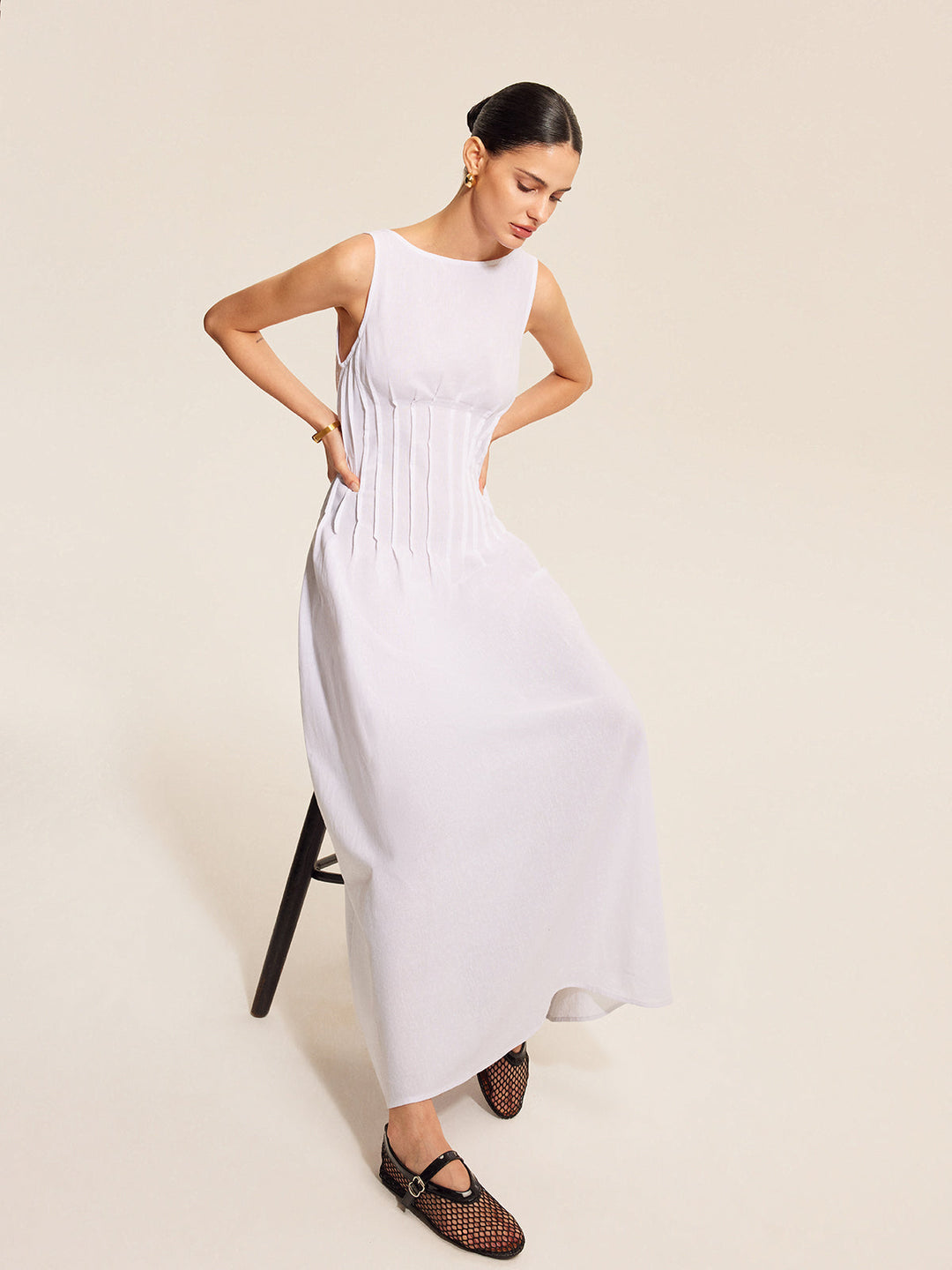 Robe Sans Manches Plissée en Coton et Lin