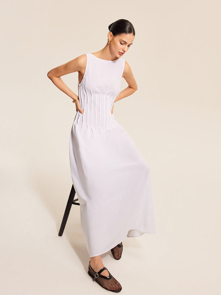 Robe Sans Manches Plissée en Coton et Lin
