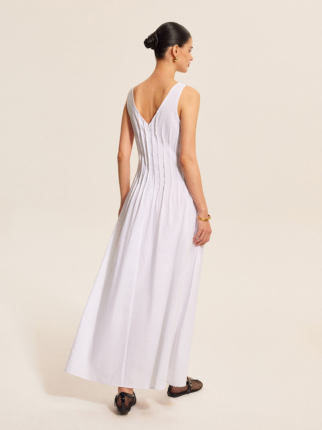 Robe Sans Manches Plissée en Coton et Lin