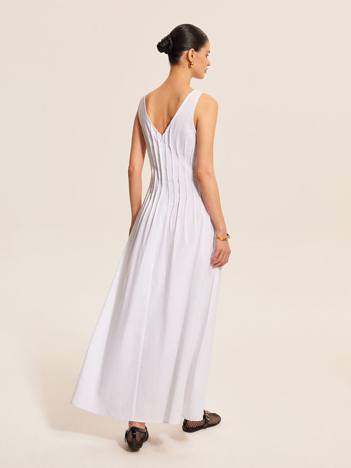 Robe Sans Manches Plissée en Coton et Lin